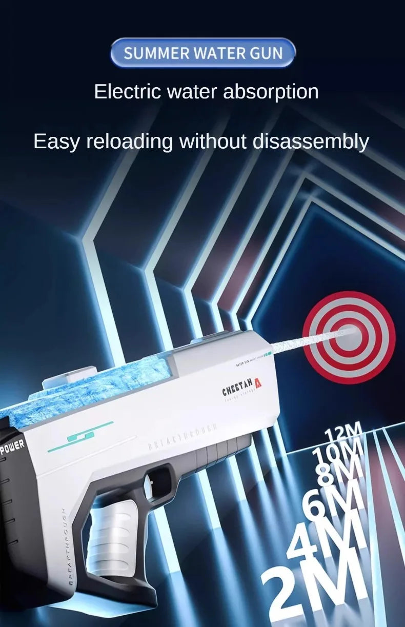 A white electric water gun is shown firing a stream of water against a target, with text describing its features.