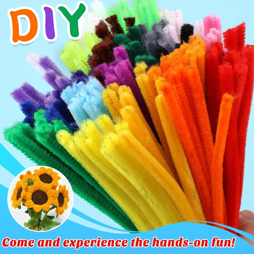 A variety of colorful chenille stem pipe cleaners in various shades and lengths for crafting projects
