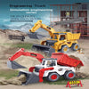 A yellow simulation engineering truck excavator toy model with a red excavator toy truck in the foreground.
