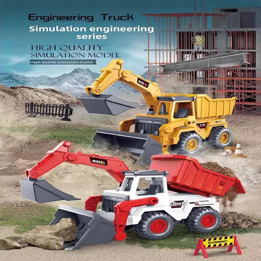 A yellow simulation engineering truck excavator toy model with a red excavator toy truck in the foreground.