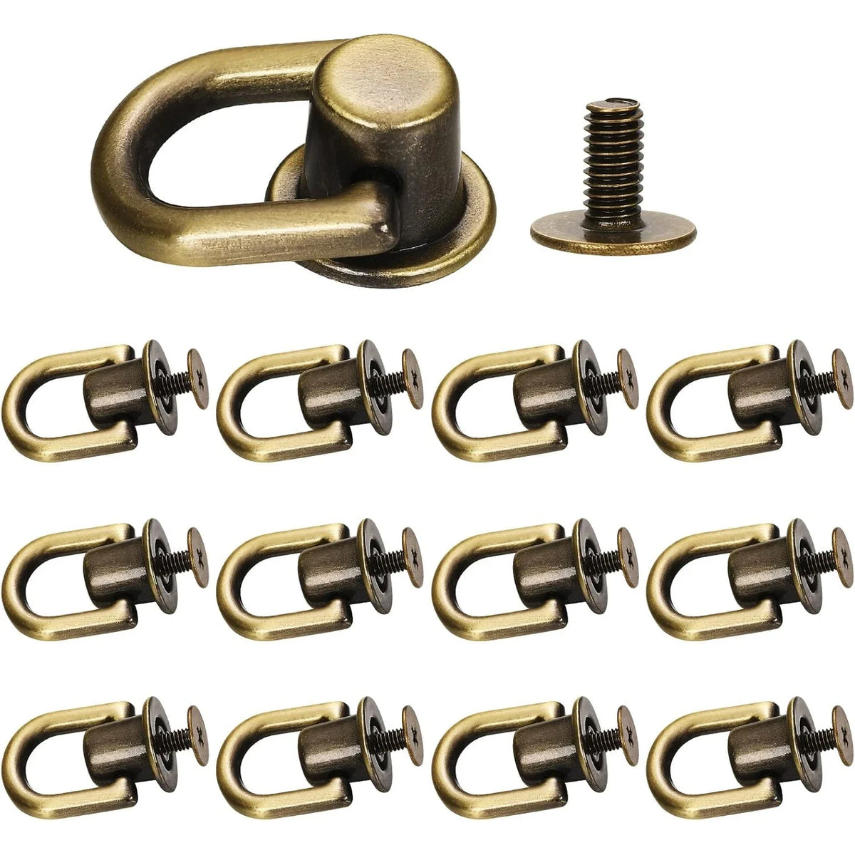 A collection of vintage metal D-ring buckle clips and a separate screw is shown.
