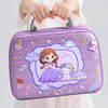 A purple cosmetic bag featuring a cute unicorn design and makeup products for kids.