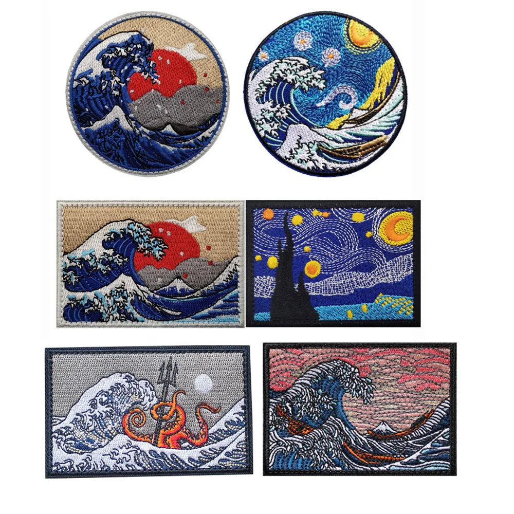 3D Embroidered Surfing Wave Patch with Octopus Design