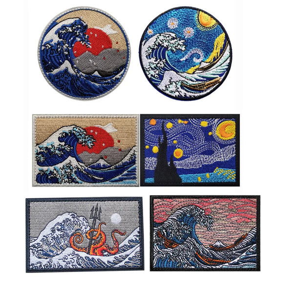 3D Embroidered Surfing Wave Patch with Octopus Design