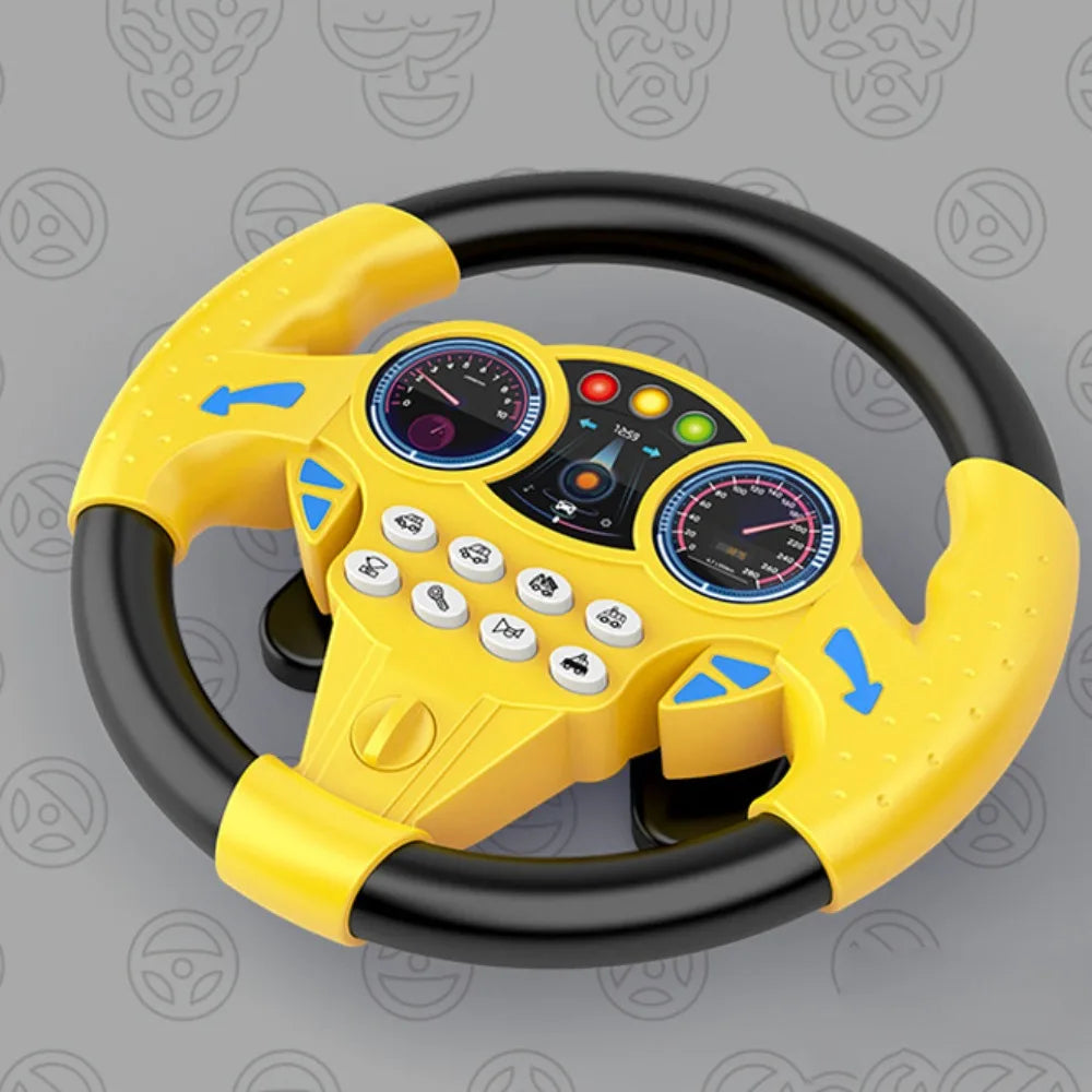 Volant d'apprentissage jaune avec bordure noire et divers contrôles pour tout-petits.