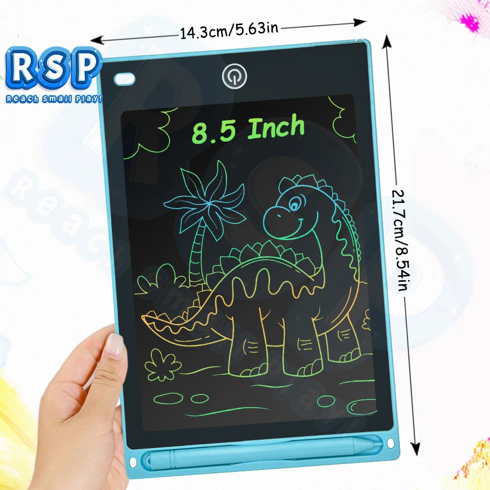 A hand holds an 8.5 inch LCD drawing tablet for kids displaying a dinosaur outline drawn in glowing lines on a dark screen.