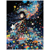 A diamond painting artwork featuring a girl with flowing dark hair surrounded by colorful stars and floral elements.