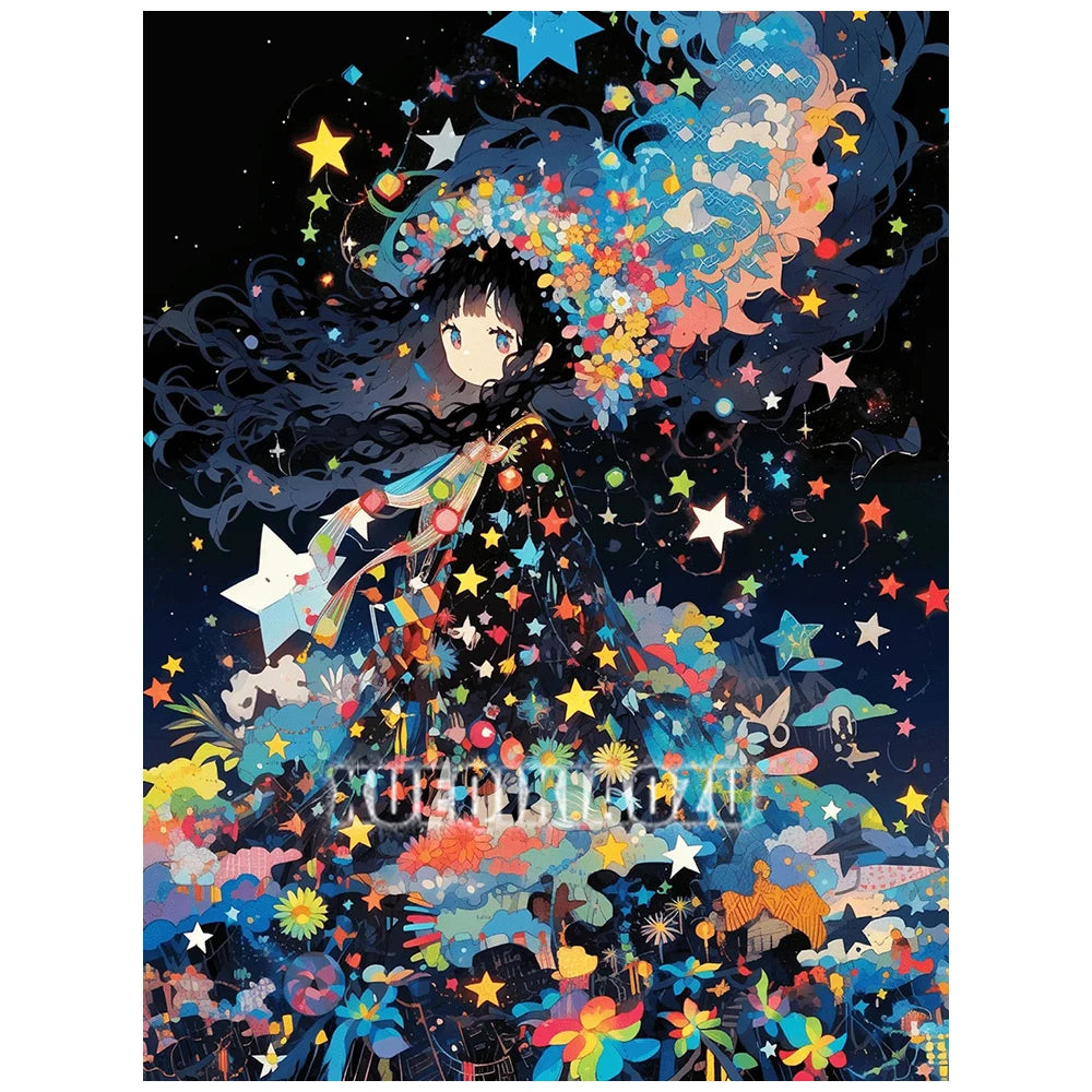 A diamond painting artwork featuring a girl with flowing dark hair surrounded by colorful stars and floral elements.
