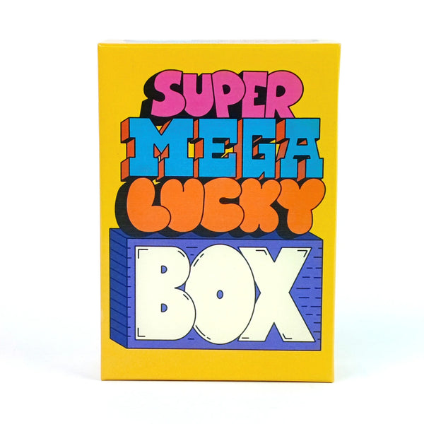 A yellow box for the Super Mega Lucky Box board game featuring colorful text and a box design.