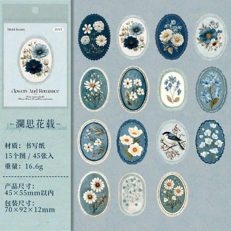 A sheet of vintage floral stickers featuring blue, white, and green flowers for scrapbooking and journaling.