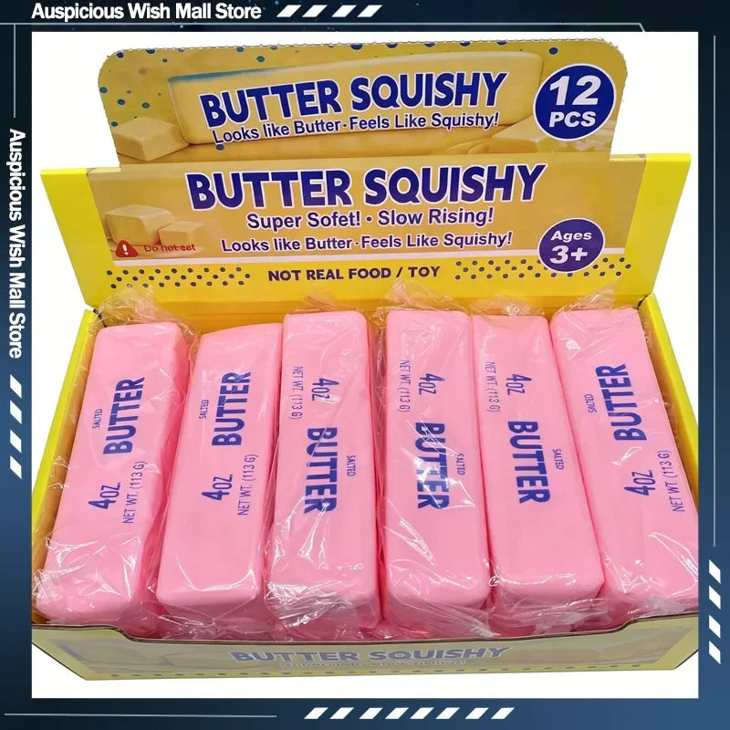 Box of Butter Squishy stress relief toys in pink and yellow packaging