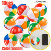 Ten colorful inflatable beach balls in various colors and patterns for summer fun