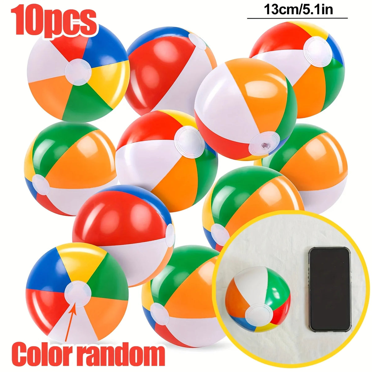 Ten colorful inflatable beach balls in various colors and patterns for summer fun