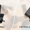 A clip-on tuner device showing 360 degree rotation and 135 degree fore-and-aft adjustment features.