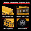 A yellow die-cast model of a school bus showing various details like the body, driver's cabin, rear detail, and rubber tire.