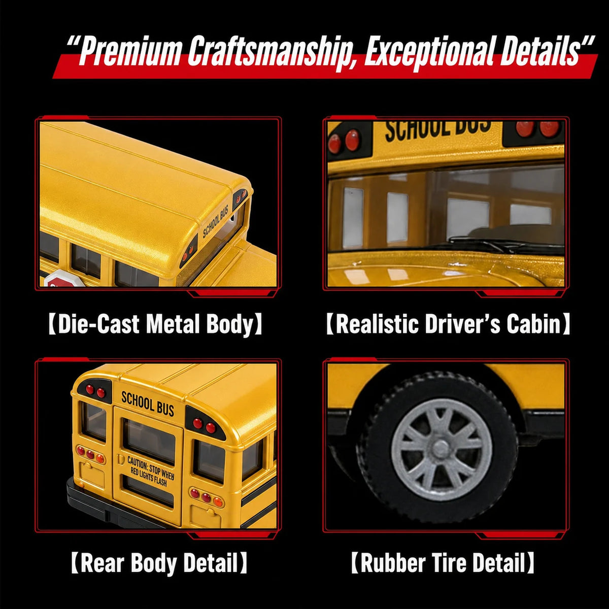 A yellow die-cast model of a school bus showing various details like the body, driver's cabin, rear detail, and rubber tire.