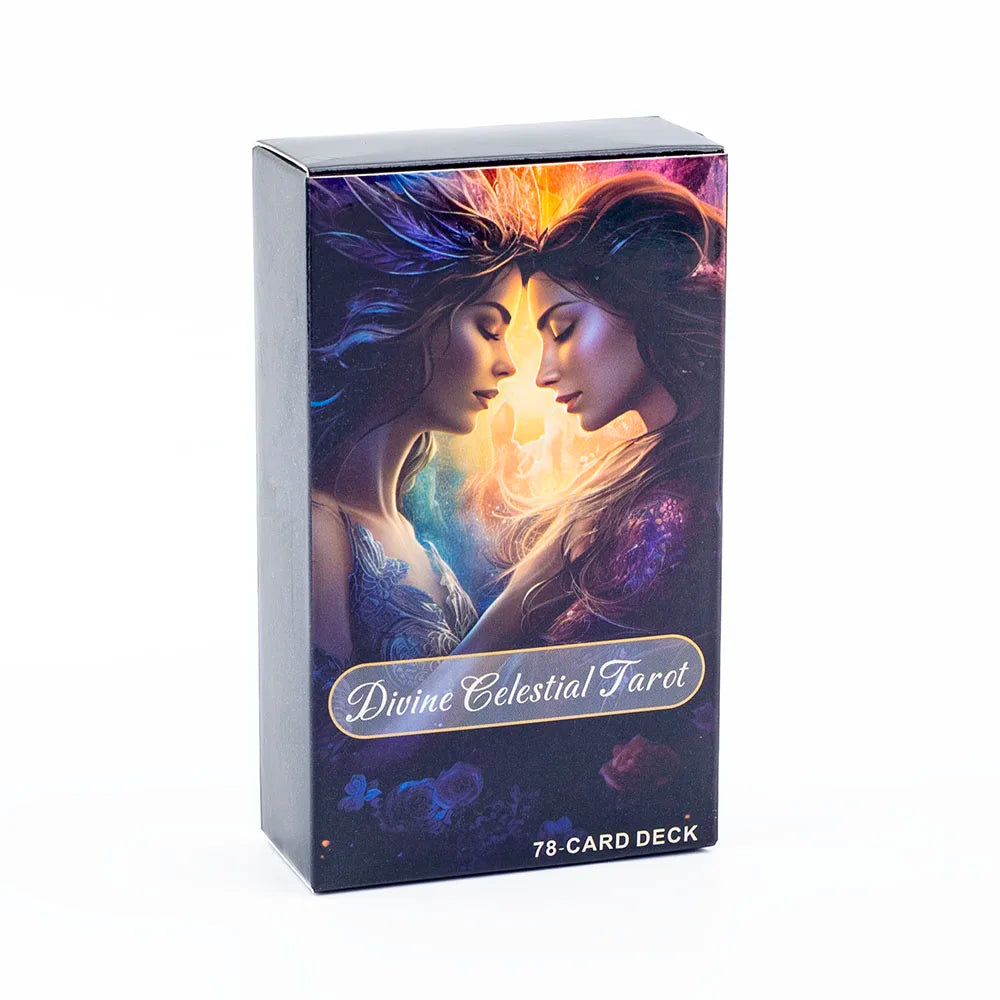 A box of the Divine Celestial Tarot card deck featuring an illustration of two women facing each other with glowing light.