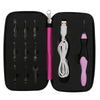 A black case containing an LED crochet hook set with nine interchangeable tips, including a USB connector and a pink hook.