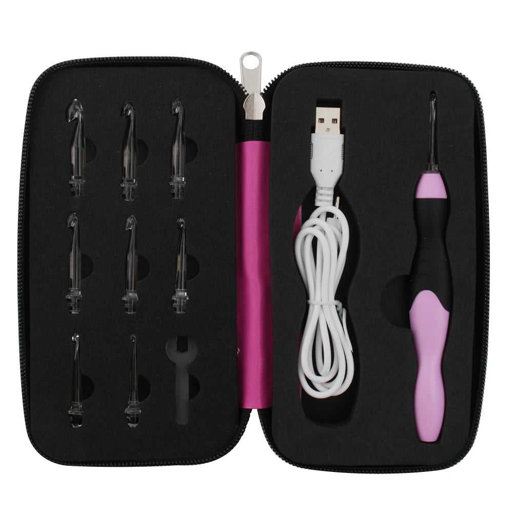 A black case containing an LED crochet hook set with nine interchangeable tips, including a USB connector and a pink hook.