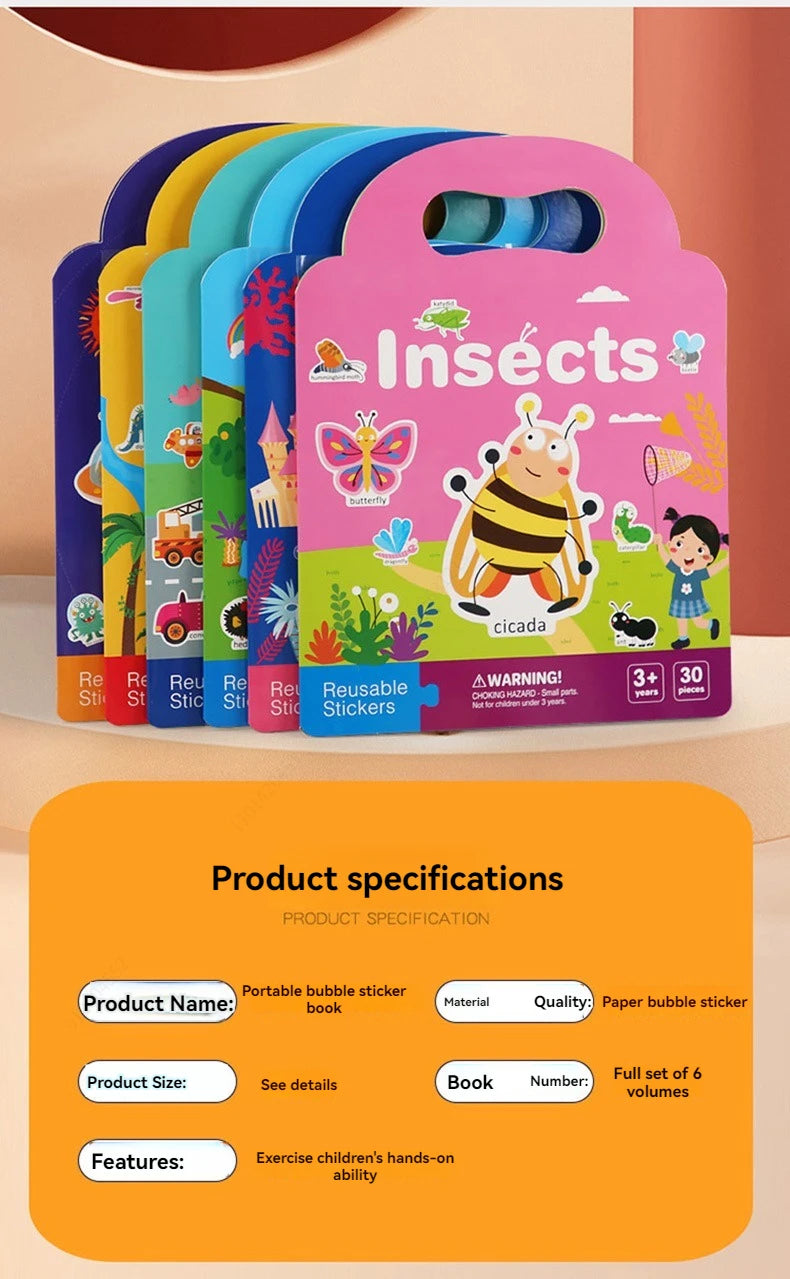 A colorful box of reusable insect stickers in a pink and green theme for toddlers