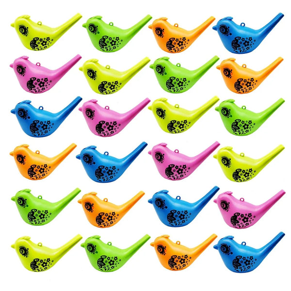 A collection of colorful plastic bird whistles or musical instruments in various bright colors like yellow, green, blue, and 