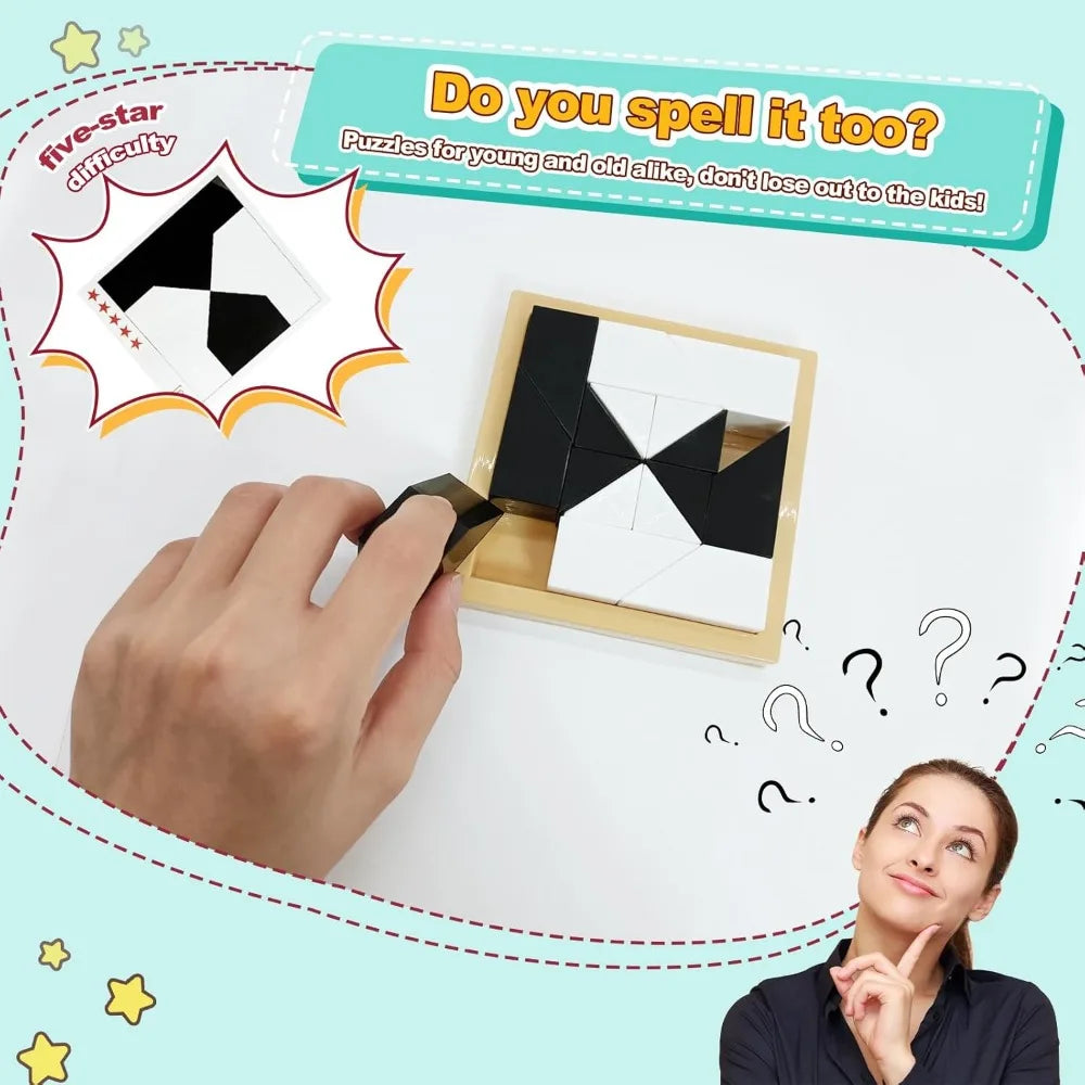 A hand is assembling a black and white puzzle cube for a game called Do you spell it too?
