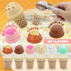 A set of six wooden ice cream counters in various flavors including strawberry, cheese, and chocolate.
