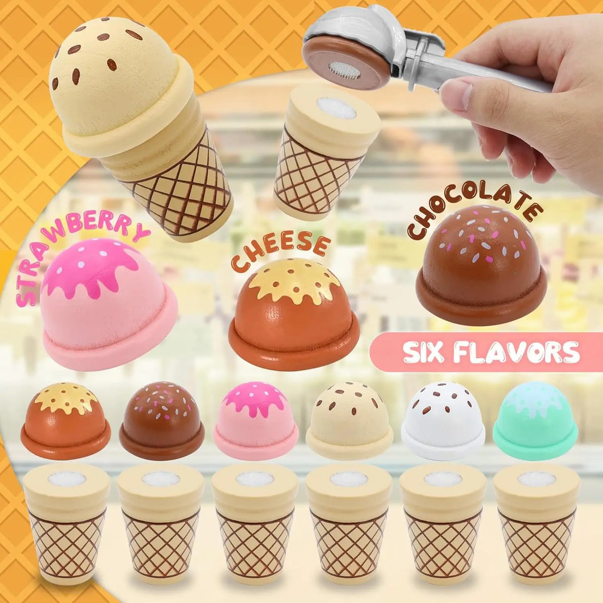 A set of six wooden ice cream counters in various flavors including strawberry, cheese, and chocolate.