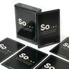 A set of So Cards conversation starter game featuring a box and several individual cards.