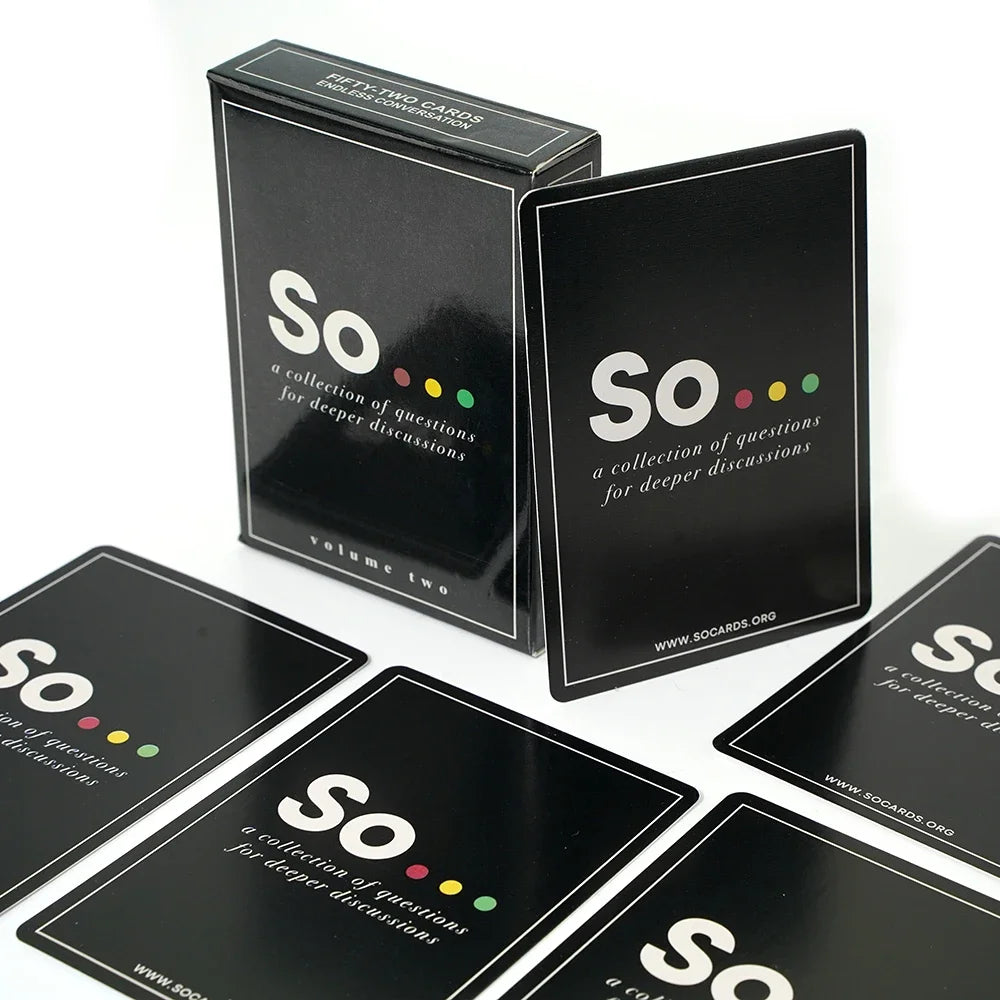 A set of So Cards conversation starter game featuring a box and several individual cards.