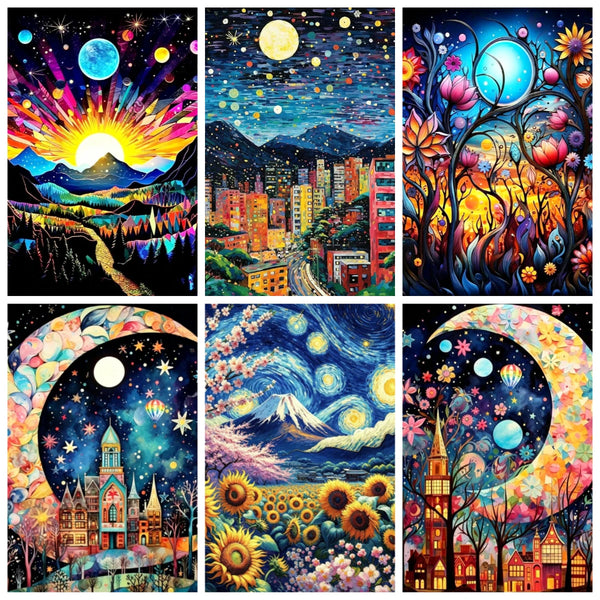 Un collage vibrant de peinture par numéros avec paysages, villes et nature.