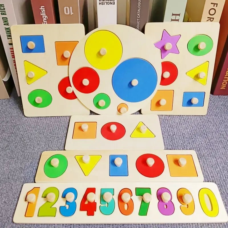 A set of wooden shape and color sorter puzzles for toddlers featuring various geometric shapes and numbers.