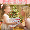 A young girl is playing with a wooden ice cream counter play set in a festive holiday setting.