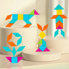 A wooden geometric shape puzzle featuring colorful blocks arranged in various forms on a display stand.