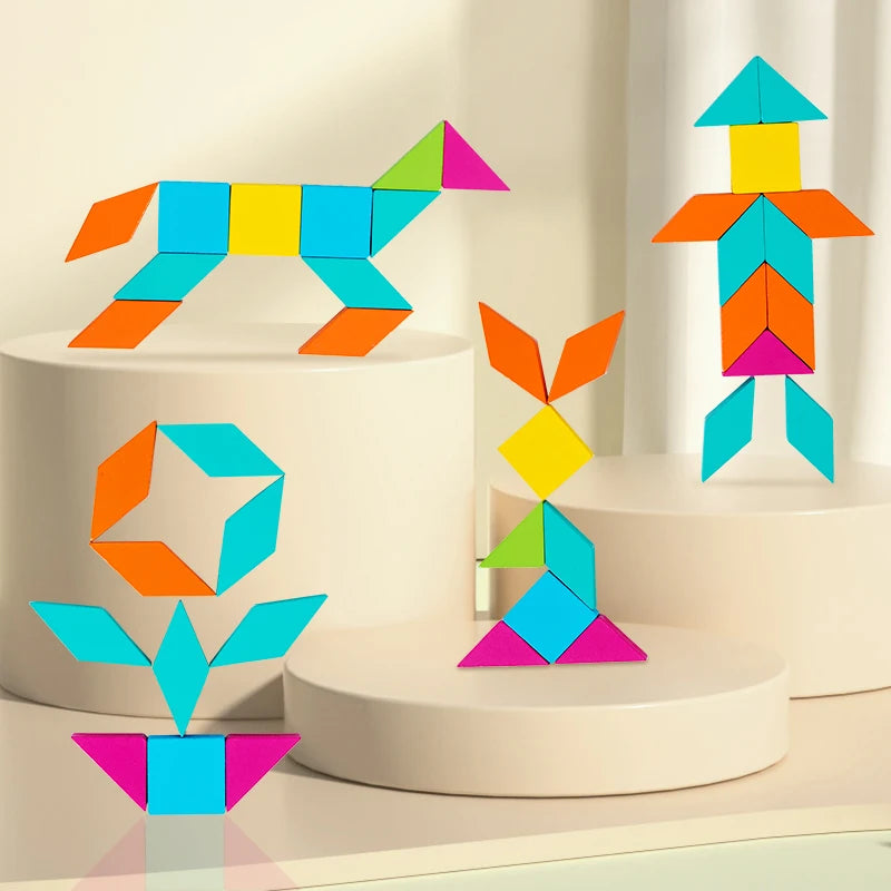 A wooden geometric shape puzzle featuring colorful blocks arranged in various forms on a display stand.