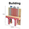 A wooden building set with various colored blocks and a red bridge structure for creative railway play.