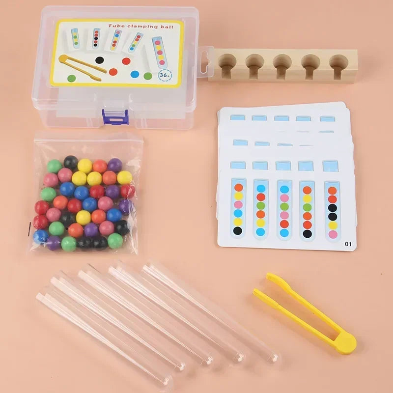 A set of wooden clip beads and test tube components for a Montessori fine motor skills game.