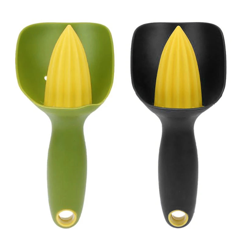 A pair of manual citrus juicers, one green and one black, with yellow citrus reamers.