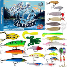 A box for a 24-day fishing lures advent calendar showing various fishing hooks and lures.
