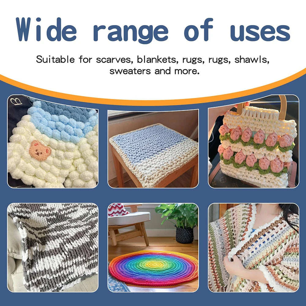 A collection of crochet items including scarves, blankets, rugs, shawls, sweaters, and other knitted goods.