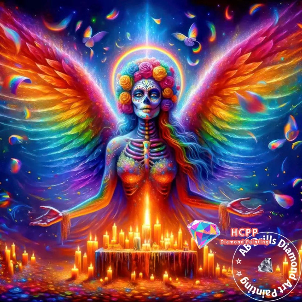 A vibrant diamond painting featuring an angelic figure with colorful wings and a skull face surrounded by glowing candles.