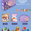 A box of six in one large block farm series puzzle featuring various wooden animal figures like a cow, rabbit, sheep, duck, h