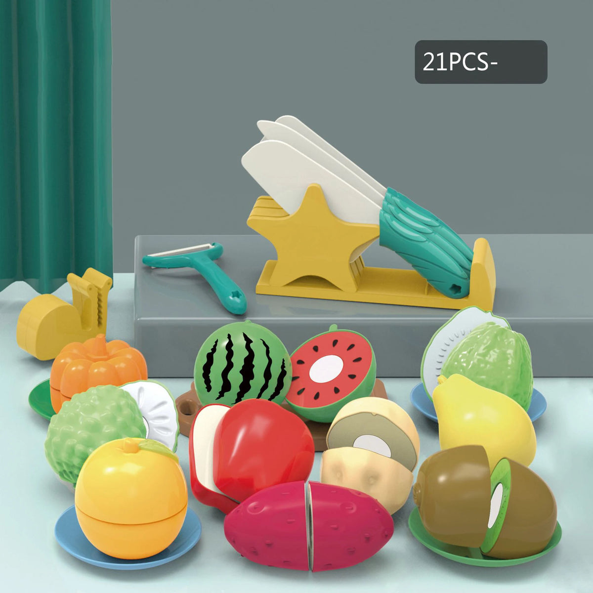 A set of 21 pretend play kitchen items including pots, pans, and utensils for children.