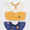 A set of three baby waterproof drool bibs in yellow, orange, and blue with various designs.