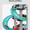 A multi-level race car track set featuring a curved track and parking garage structure.