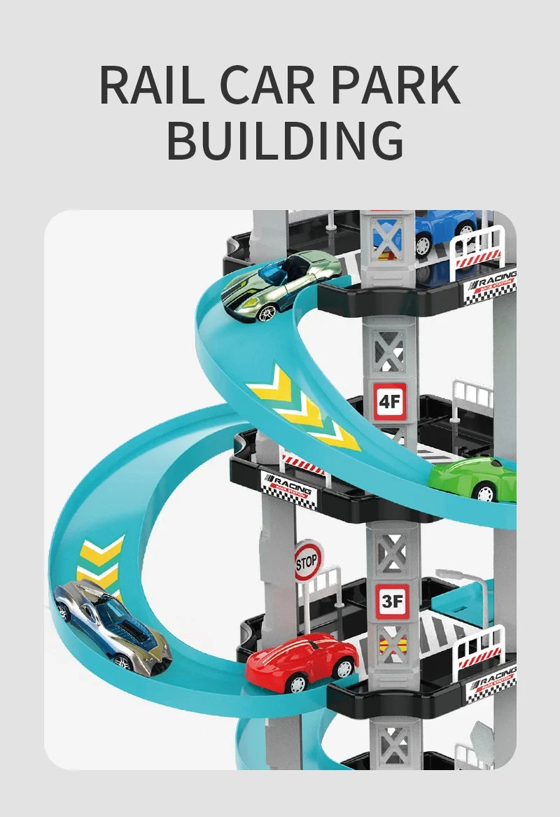 A multi-level race car track set featuring a curved track and parking garage structure.
