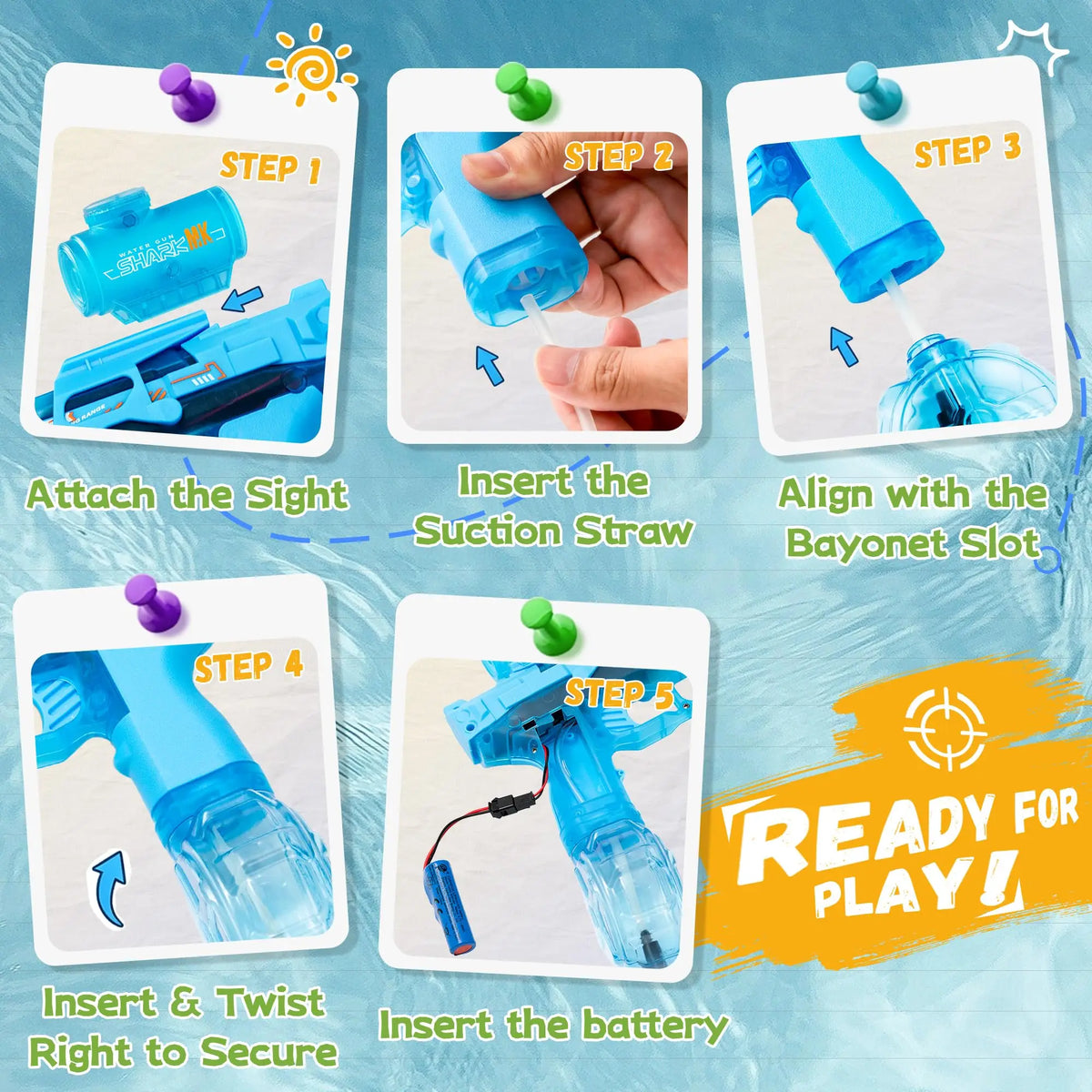Five steps showing how to assemble a rechargeable electric water blaster for kids with LED lights