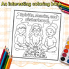 A coloring book page featuring a drawing of three figures with speech bubbles labeled Spirits, snacks, and sisterhood.