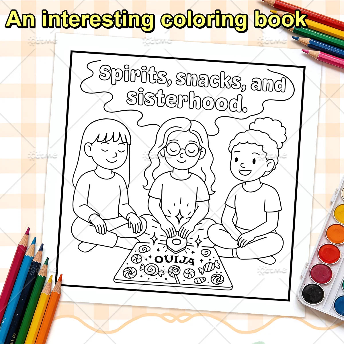 A coloring book page featuring a drawing of three figures with speech bubbles labeled Spirits, snacks, and sisterhood.