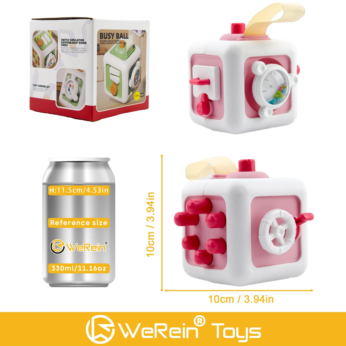 A pink and white sensory cube toy for toddlers with various buttons and features.